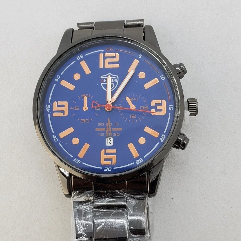 Men's Watch 42MM Blue‎ Dial Gold Numerals Date Indicator Black Bracelet 7